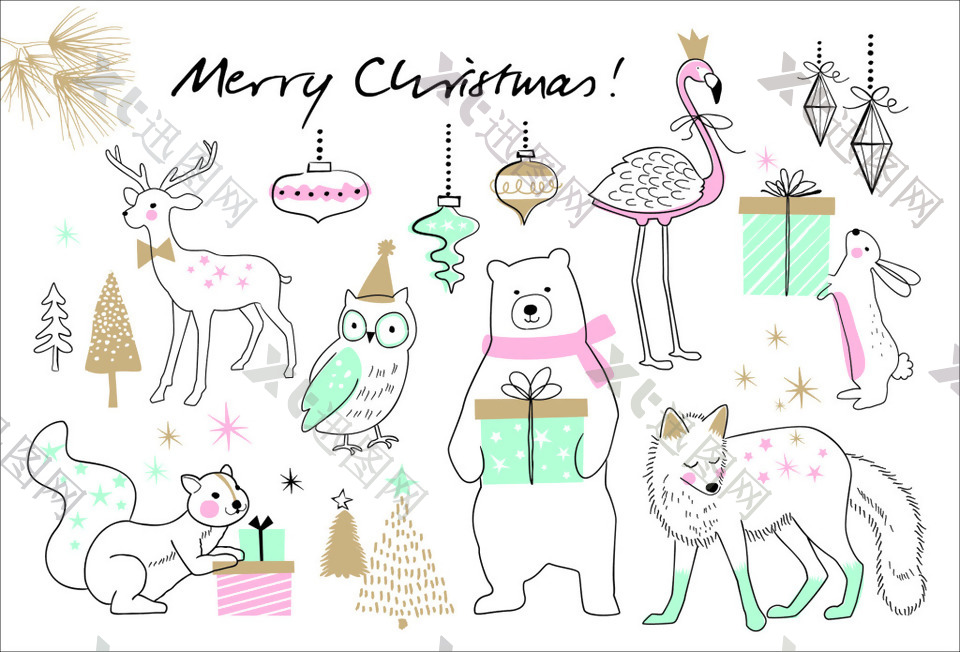 可爱卡通动物线稿圣诞节创意卡片矢量
