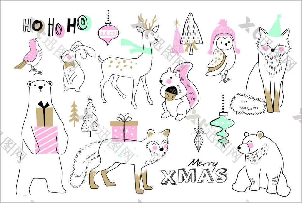 手绘卡通动物线稿圣诞节创意卡片矢量