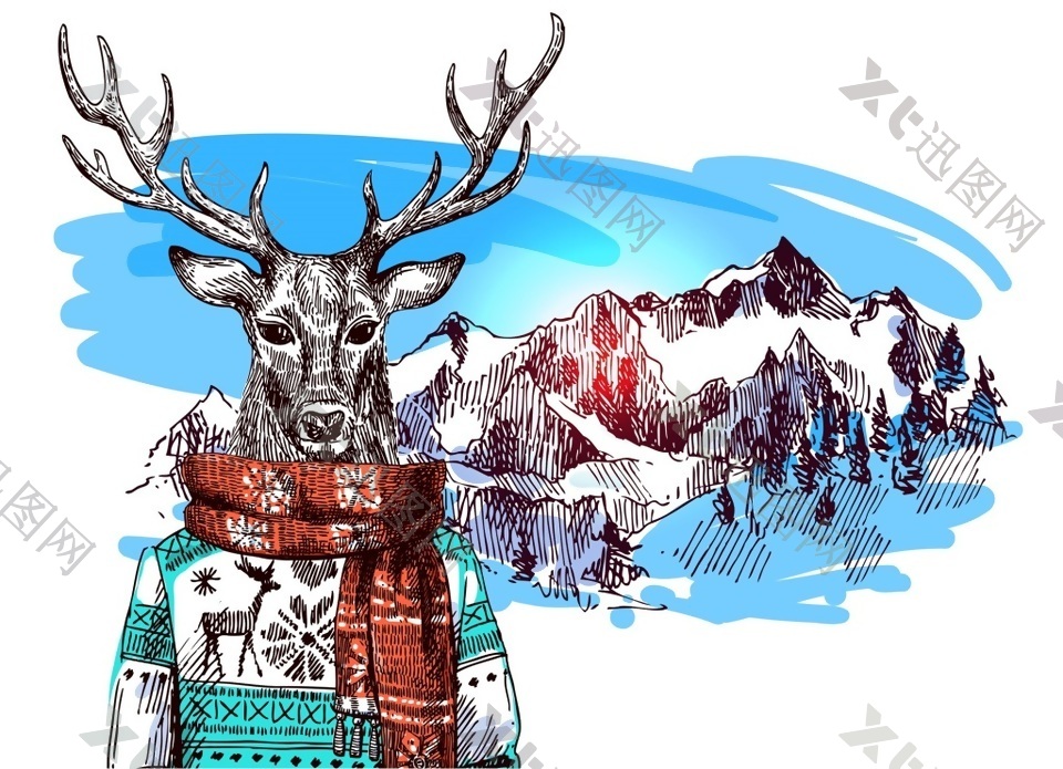 卡通麋鹿雪山冬季动物拟人装饰画矢量