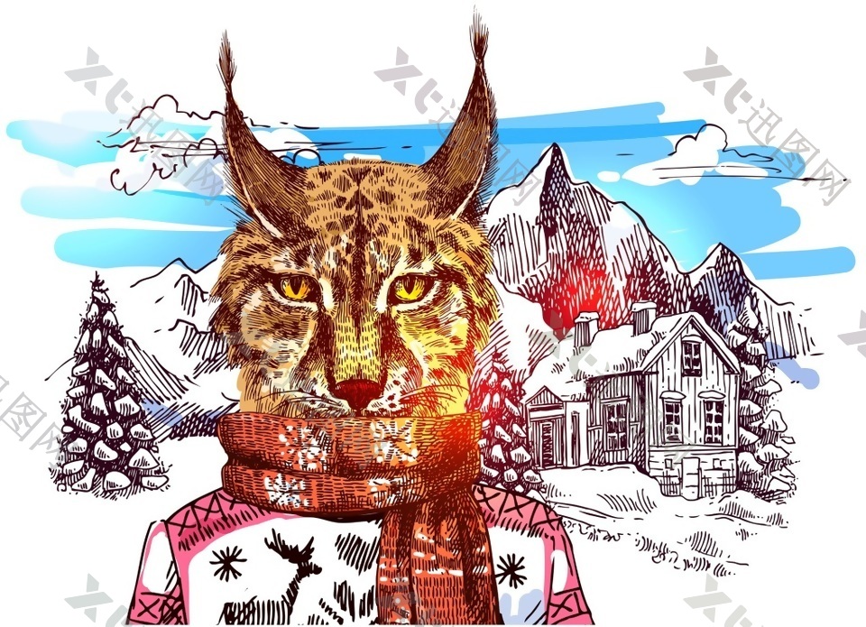 豹猫雪山冬季动物拟人装饰画矢量