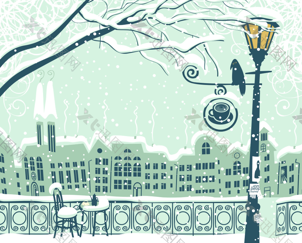 雪中城市风景插画