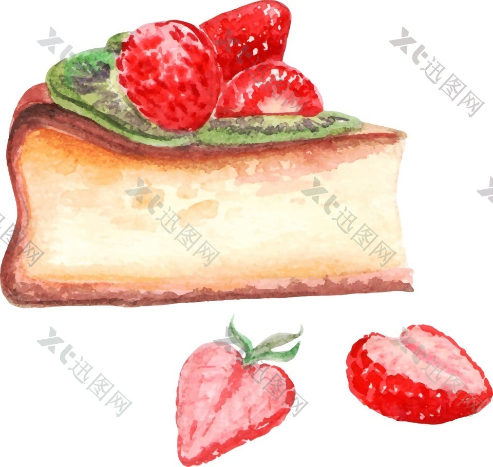 水彩绘美味的草莓蛋糕插画
