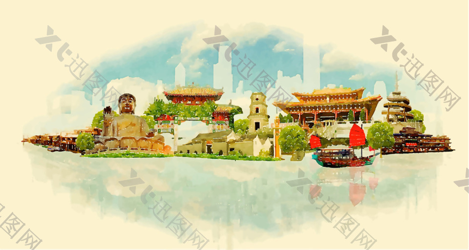 手绘中国特色建筑插画