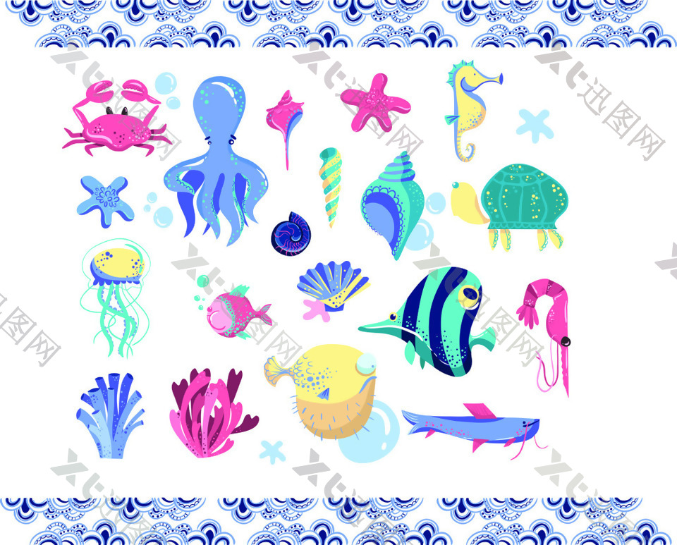 海底生物矢量卡通装饰元素