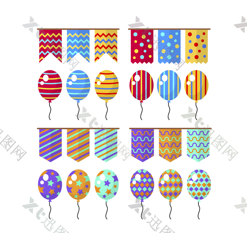 16款彩色节日拉旗和气球矢量
