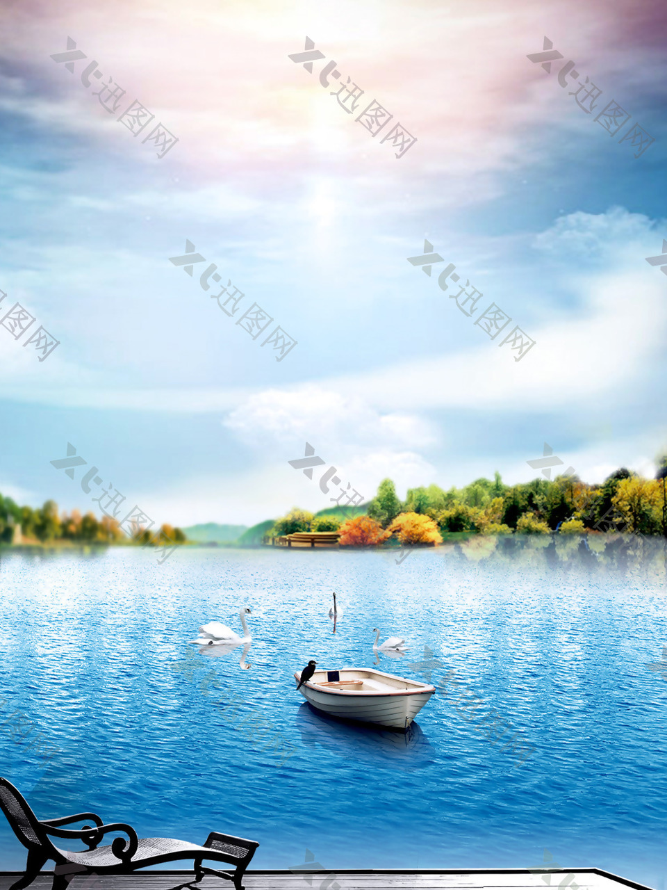 小清新休闲湖边小船背景