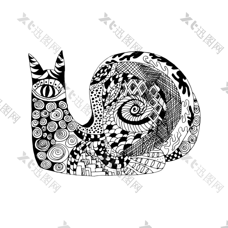 蜗牛动物黑白线稿纹身图案印花矢量