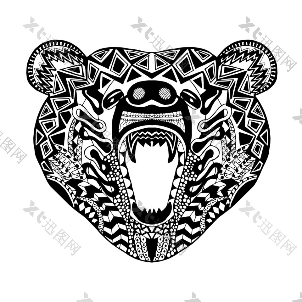 熊动物黑白线稿纹身图案印花矢量