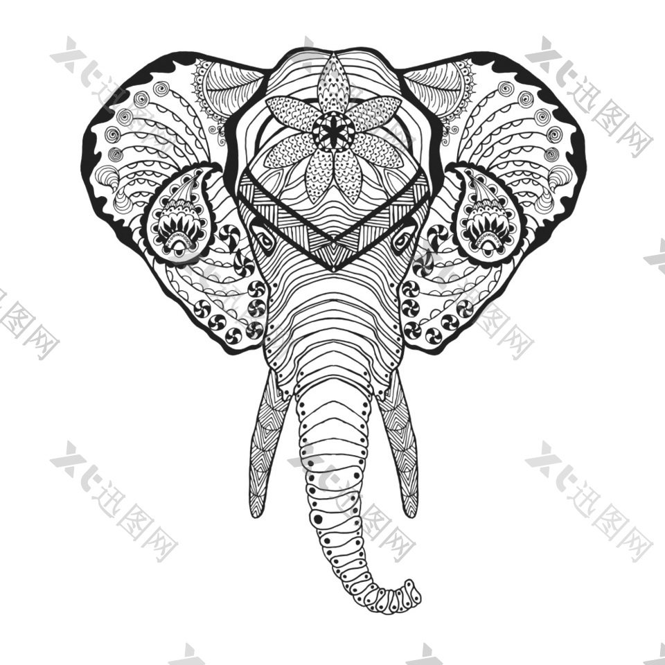 大象动物黑白线稿纹身图案印花矢量