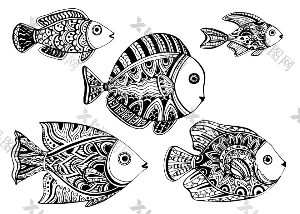 黑白手绘花纹鱼图案