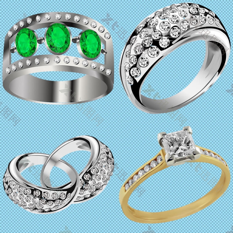 四种宝石戒指首饰免抠png透明图层素材