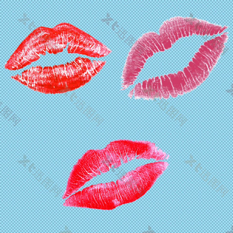 三个红色唇印免抠png透明图层素材