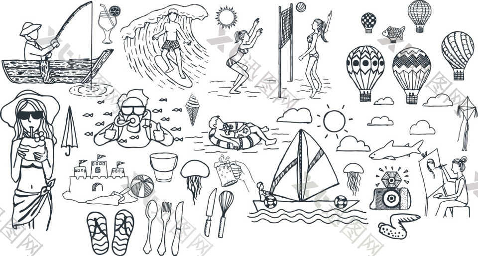 手绘海边度假旅游装饰素材