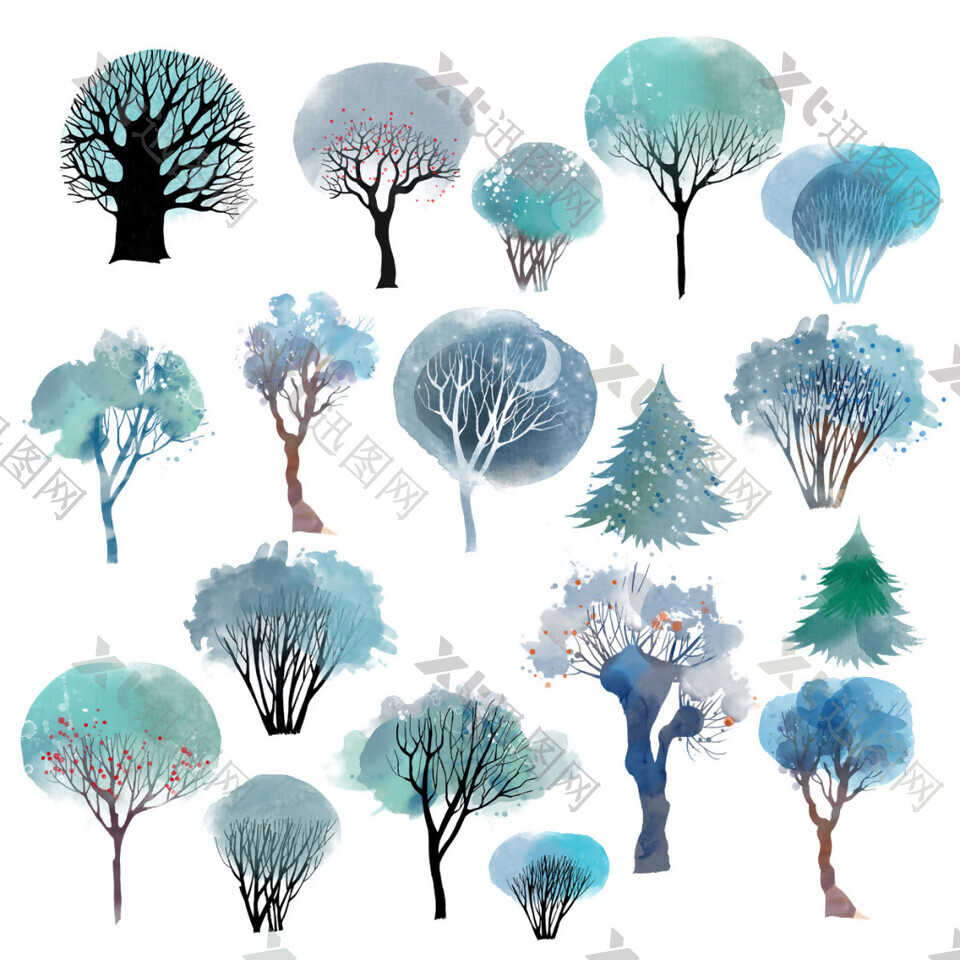 蓝色树木PNG元素图
