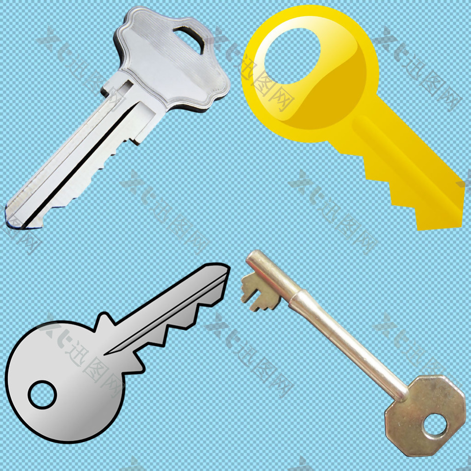 四种不同形状钥匙免抠png透明图层素材