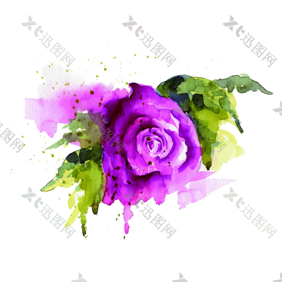 紫色迷幻花卉水彩画矢量装饰图案