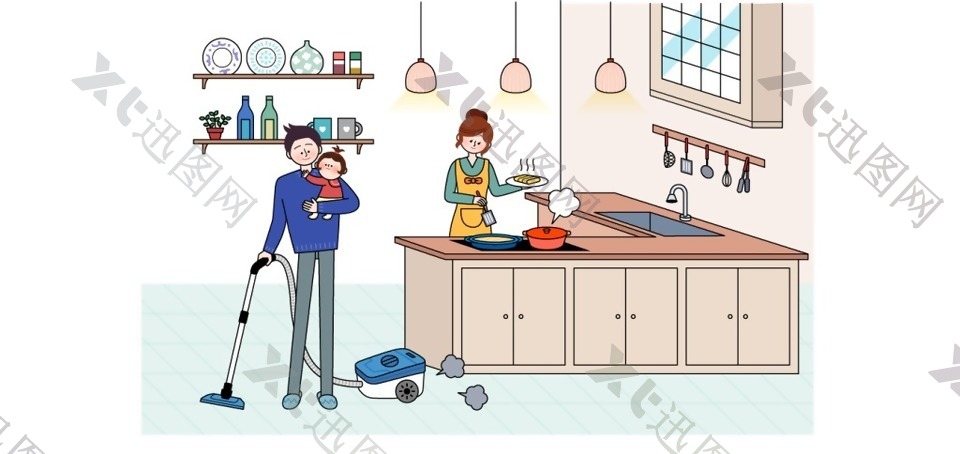 卡通家庭厨房人物素材