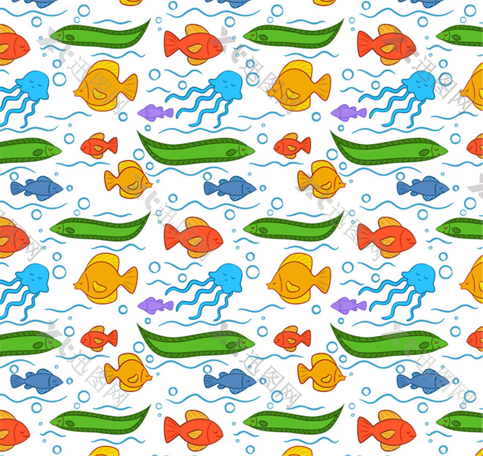 水彩卡通鱼花纹背景图