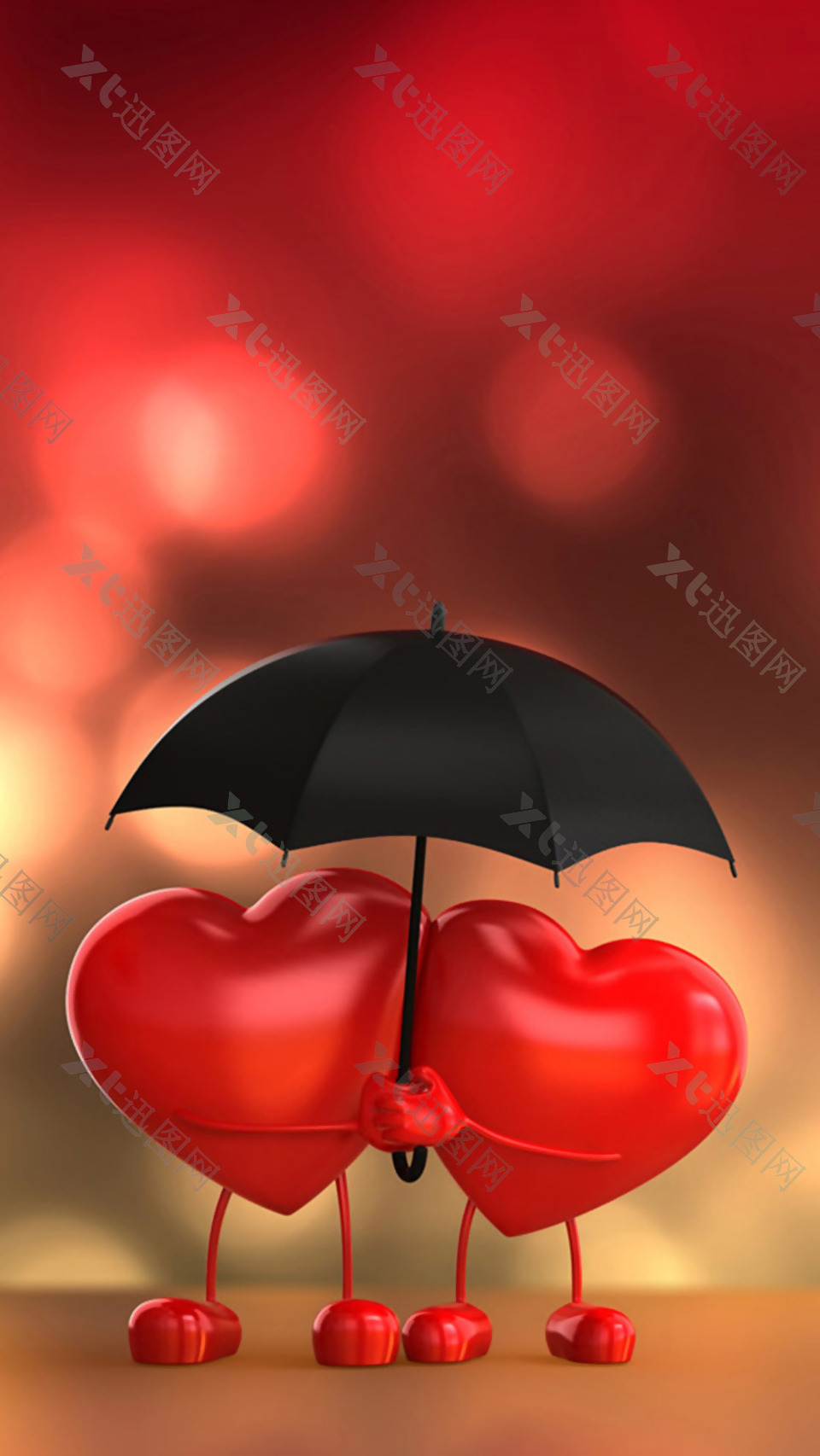 简约红色心形雨伞H5背景素材