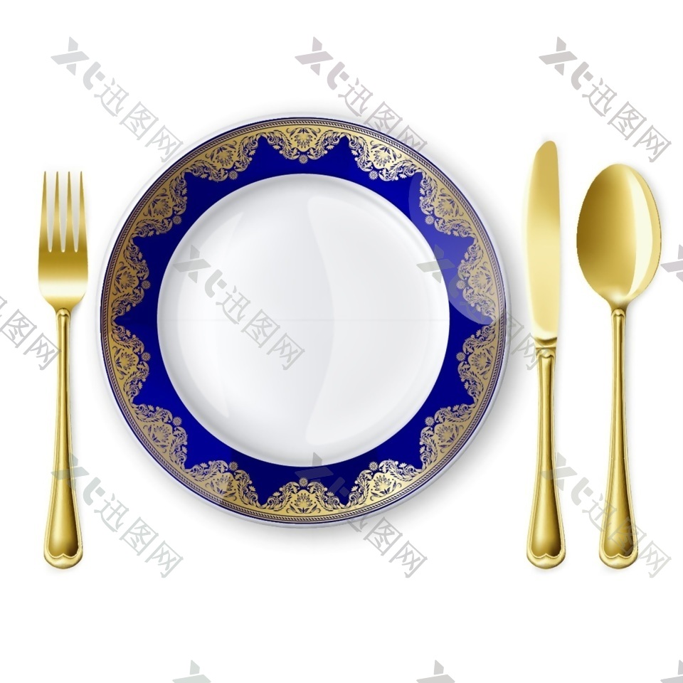 黄金刀叉与餐盘矢量素材