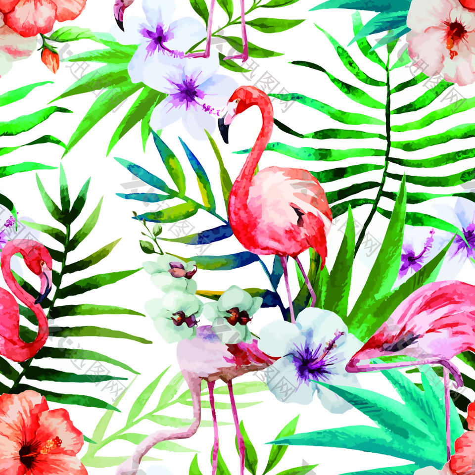 水彩手绘朱槿花和火烈鸟矢量背景