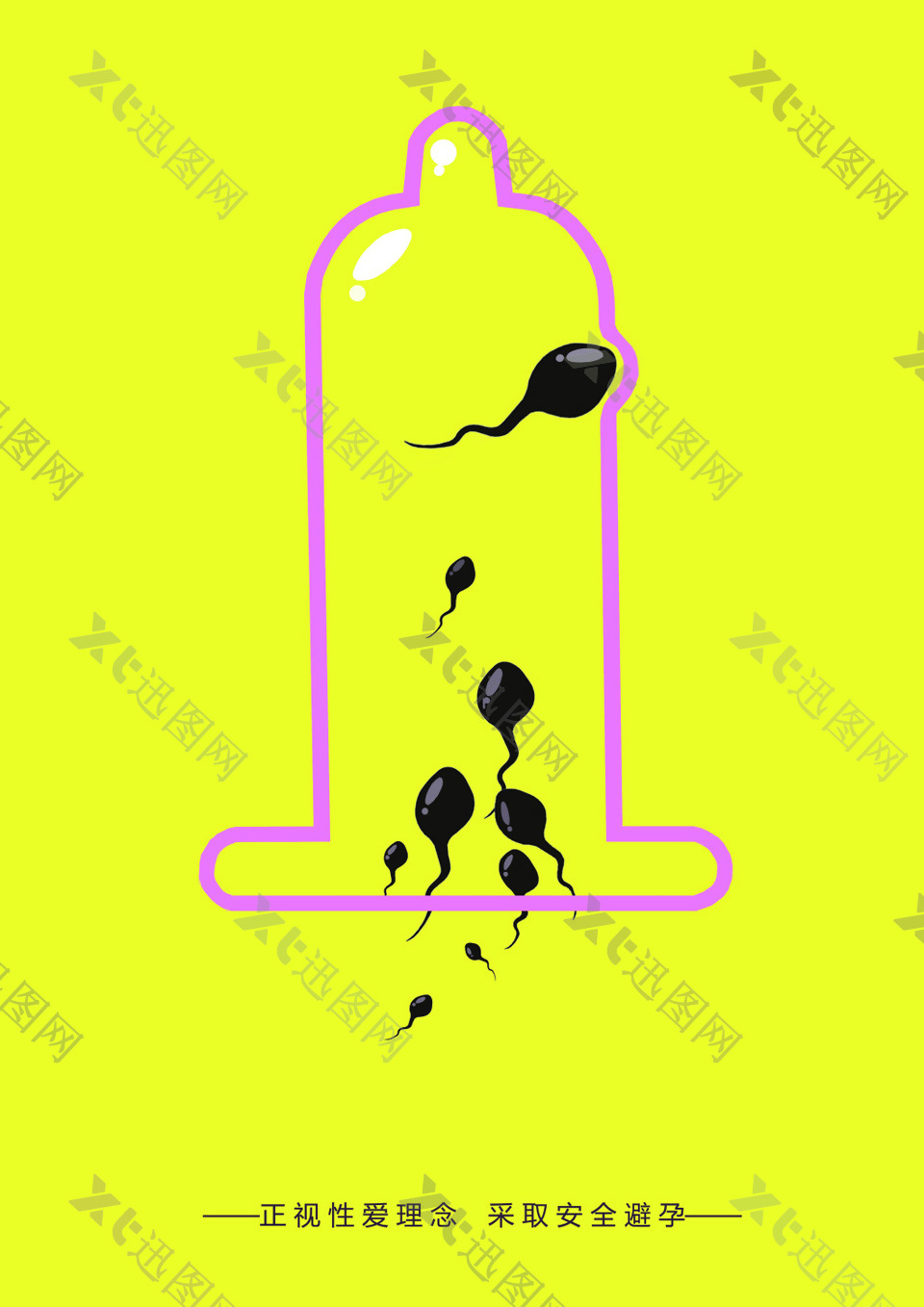 安全避孕套黄色宣传公益海报小蝌蚪精子