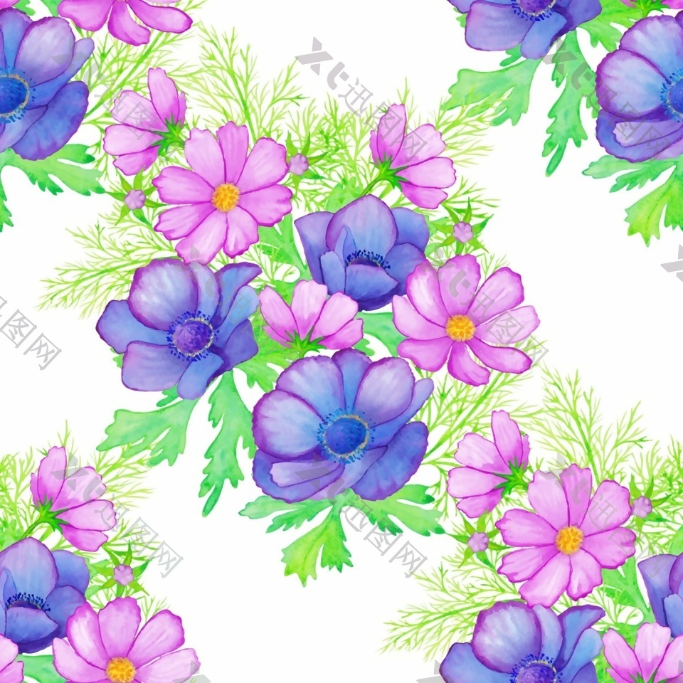 手绘水彩花朵拼接背景图案矢量