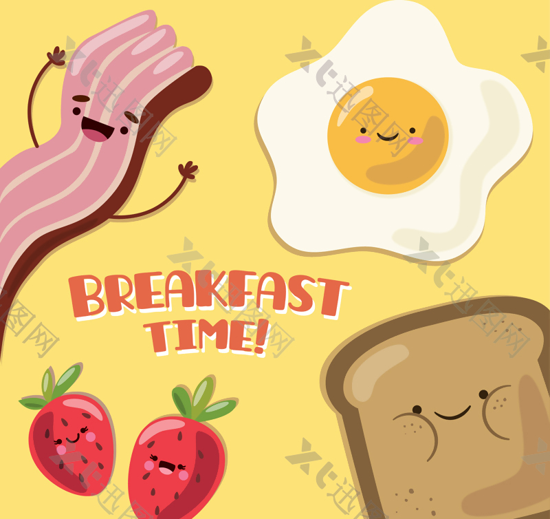 4款卡通表情早餐食物矢量