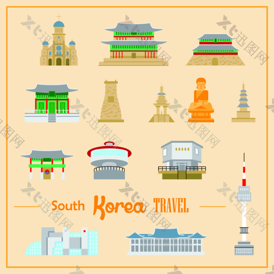 韩国地标美食手绘地图
