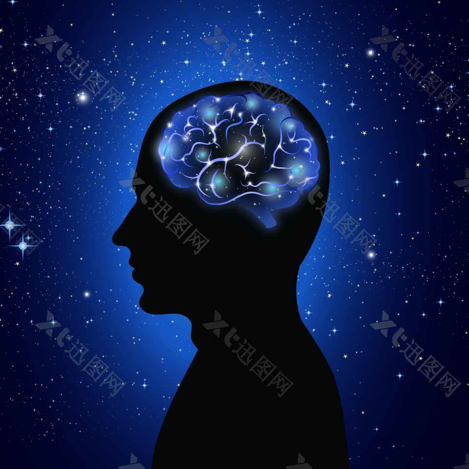 蓝色星空创意男子大脑设计矢量背景