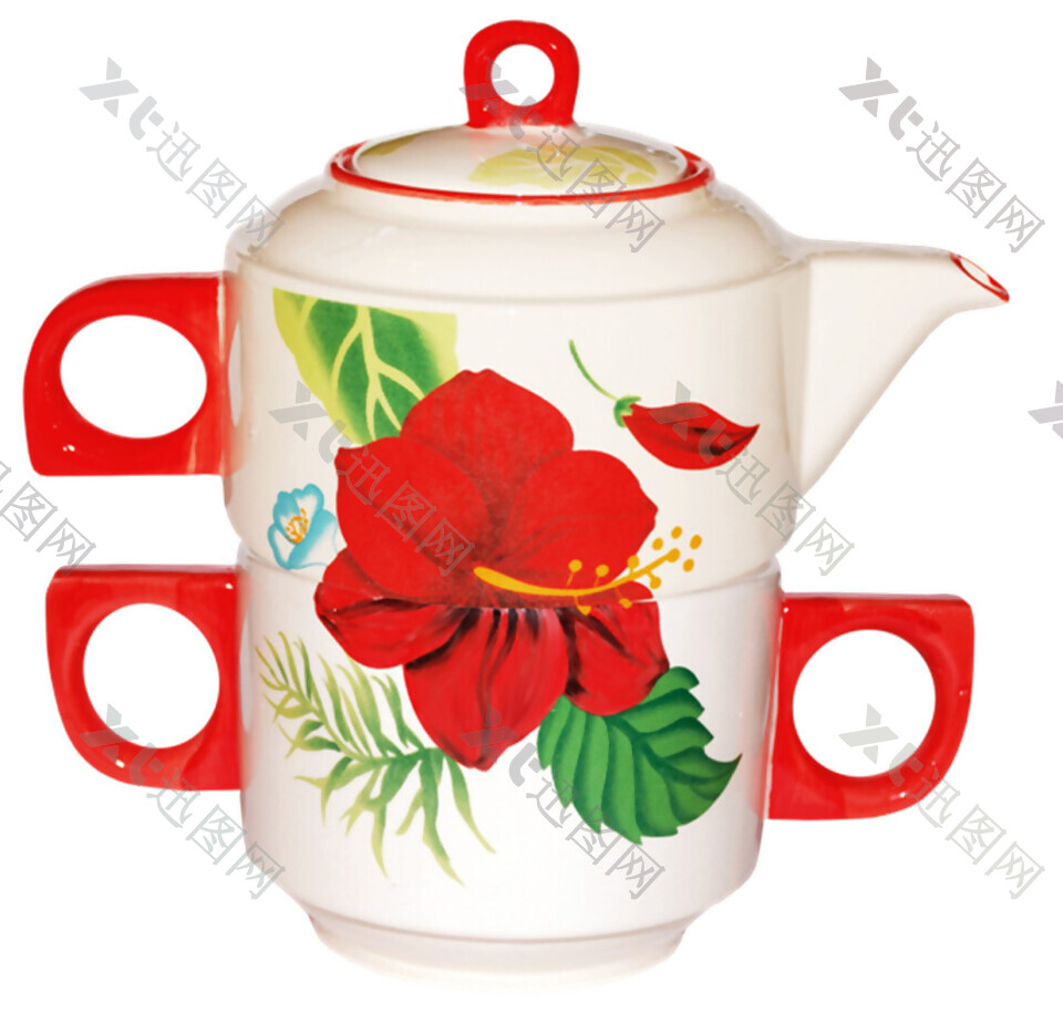 红色花朵茶杯PNG元素