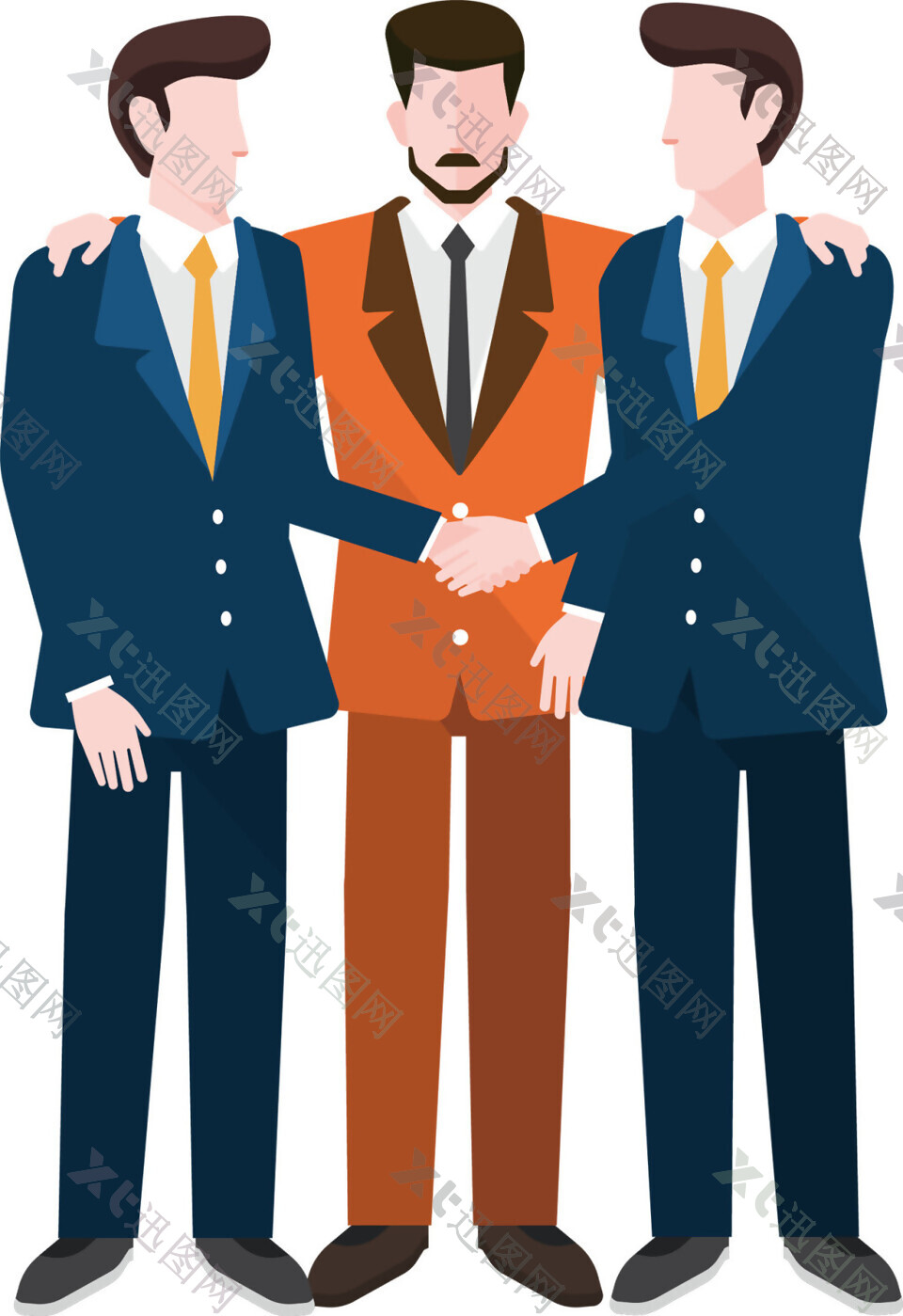 三个握手的扁平化商务团队人物