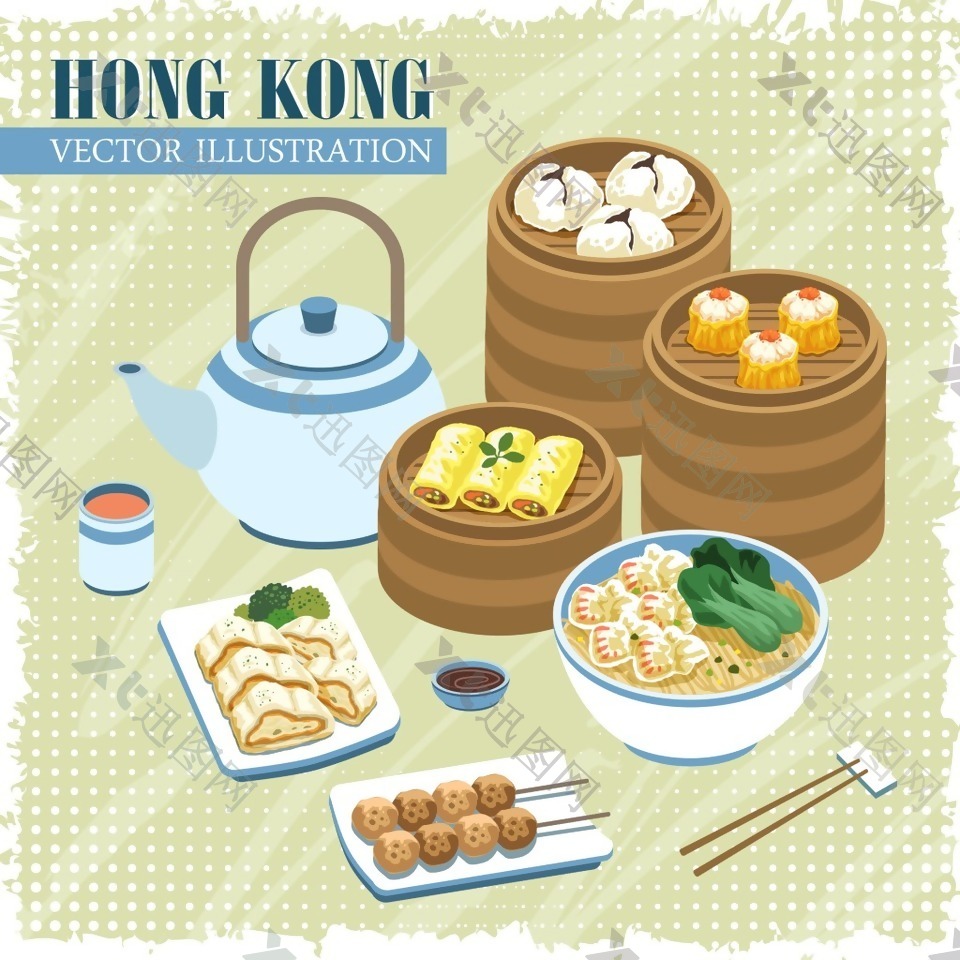 手绘矢量旅游香港美食点心早茶海报背景