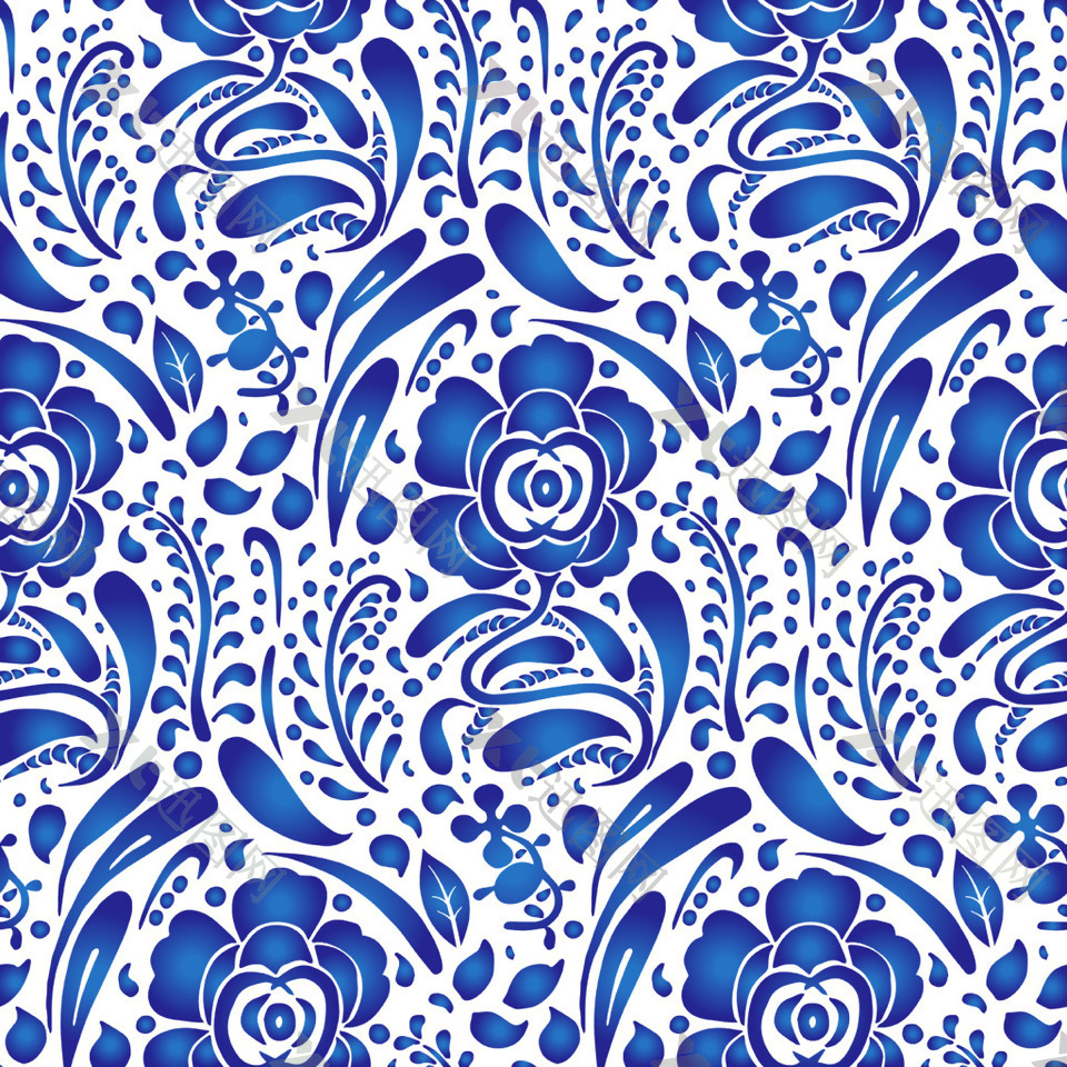 手绘花朵蓝色青花瓷纹样矢量素材