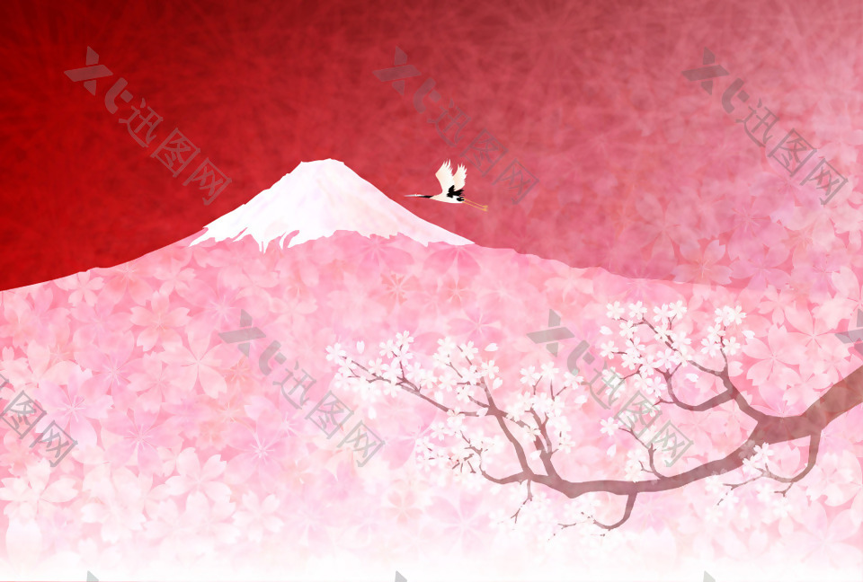 矢量复古日系樱花富士山仙鹤背景