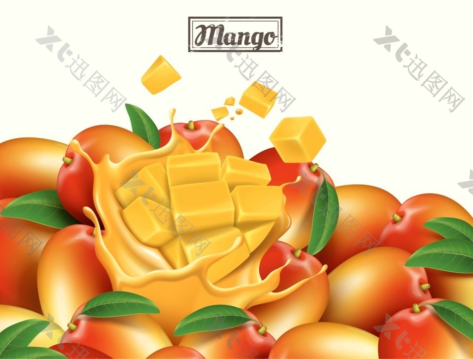 热带芒果和芒果汁插画