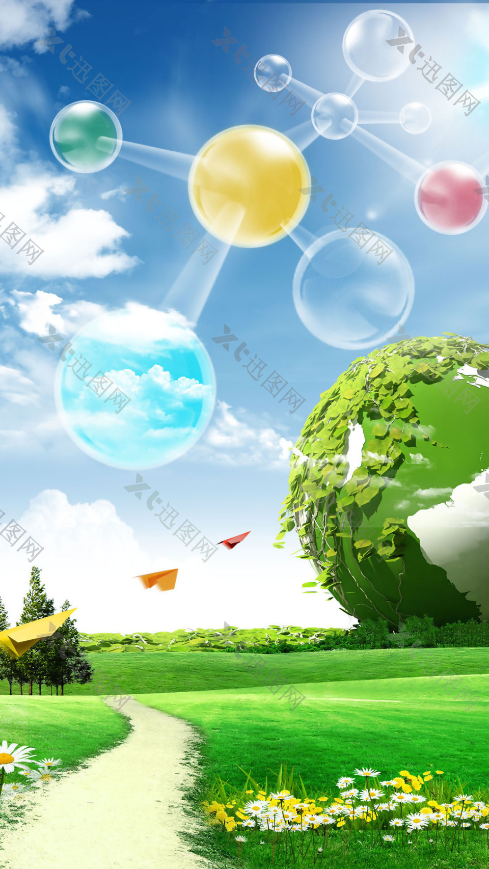 彩色透明气泡绿色草地H5背景素材