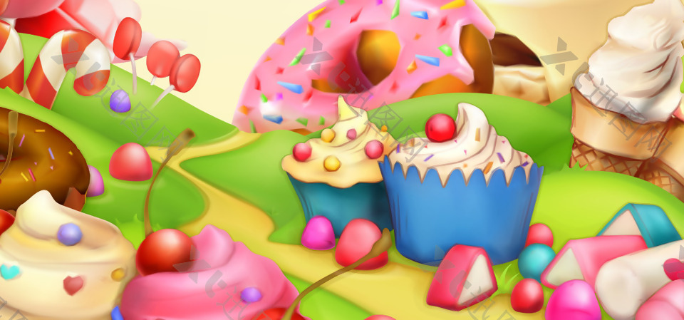 淘宝矢量卡通美食甜品蛋糕糖果面包草地海报