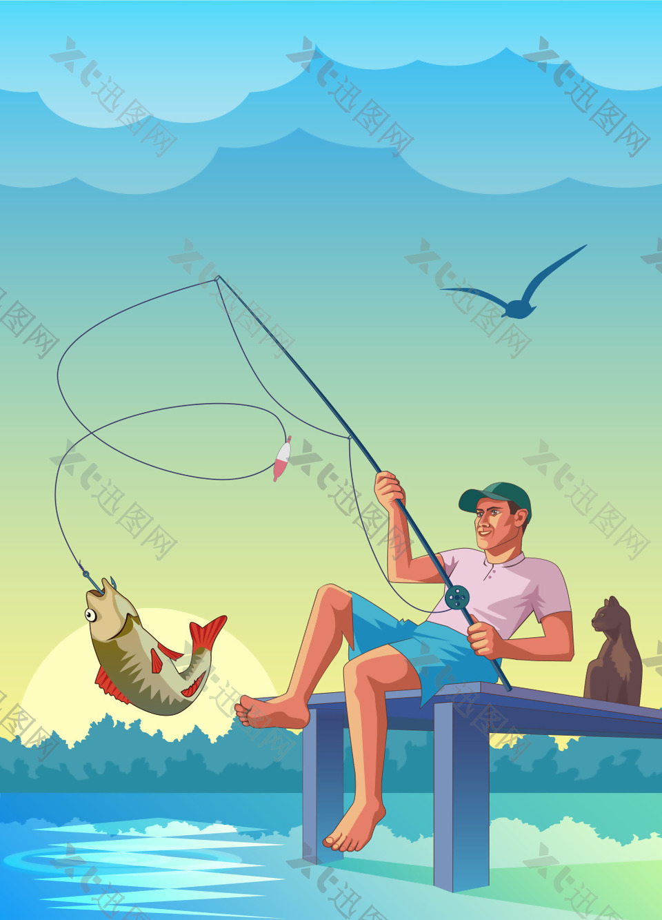 河边钓鱼的男人插画