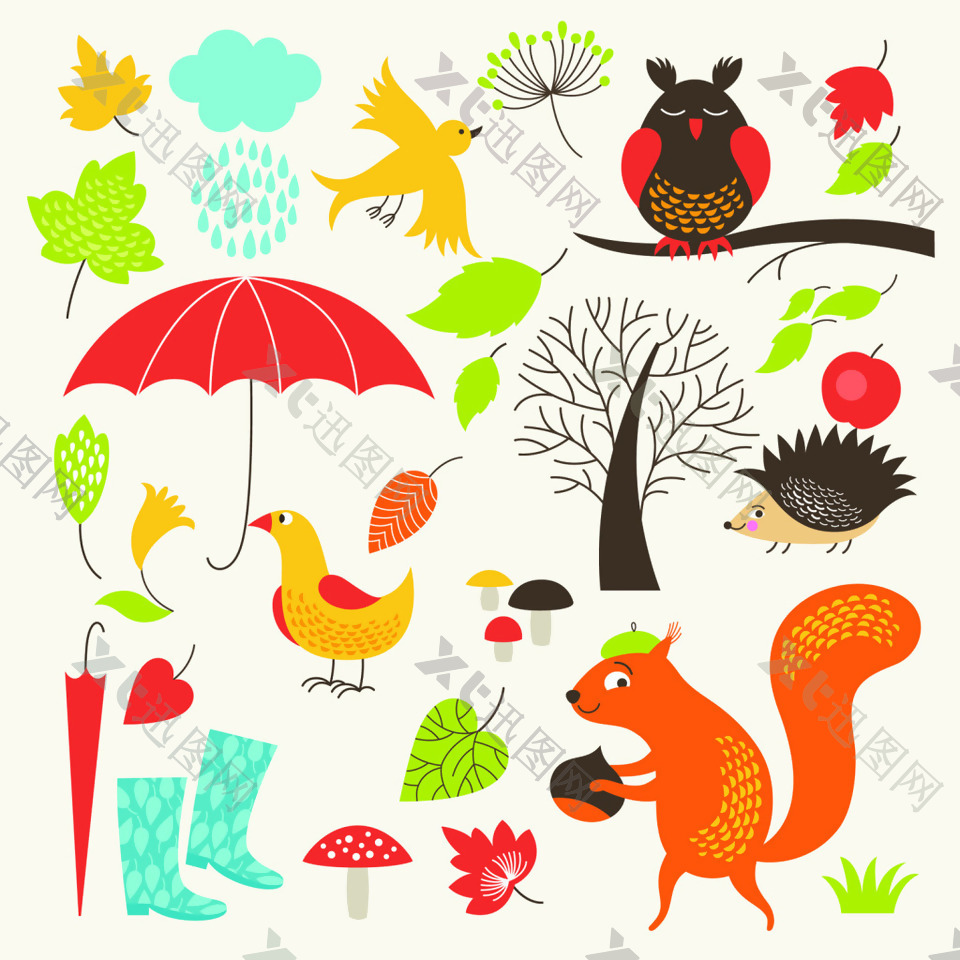 卡通手绘秋季森系动物花草元素