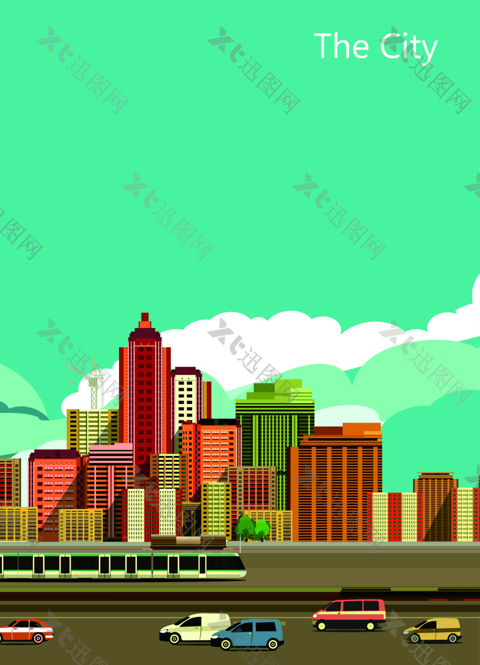 彩色都市建筑插画矢量海报背景素材