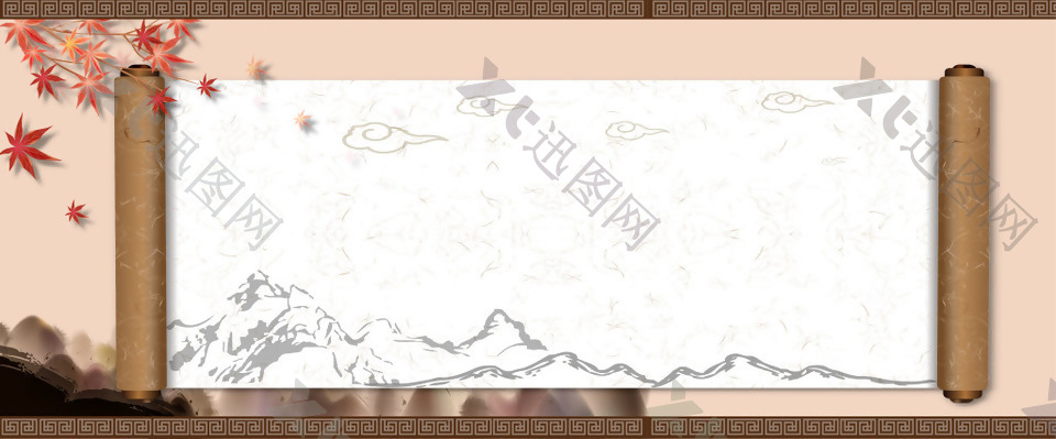 卷轴枫叶复古中国风海报背景