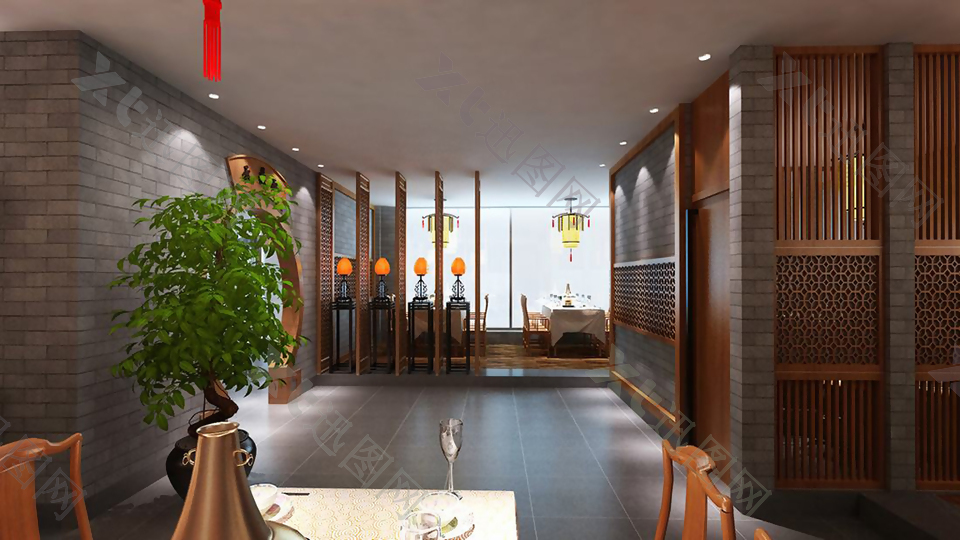 新中式风格餐饮商业空间大厅效果图设计