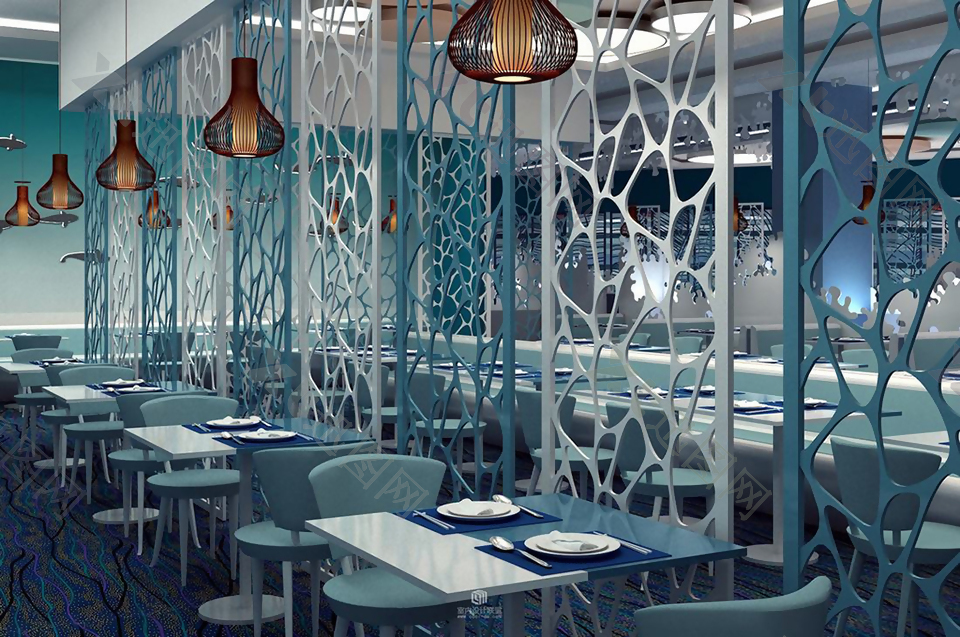 蓝色地中海大气简约风格空间餐厅效果图设计