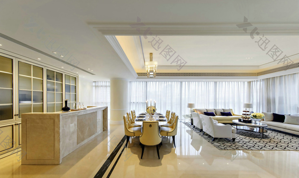 大户型大理石纹理质感简约浅色系设计风格会客厅饭厅设计效果图