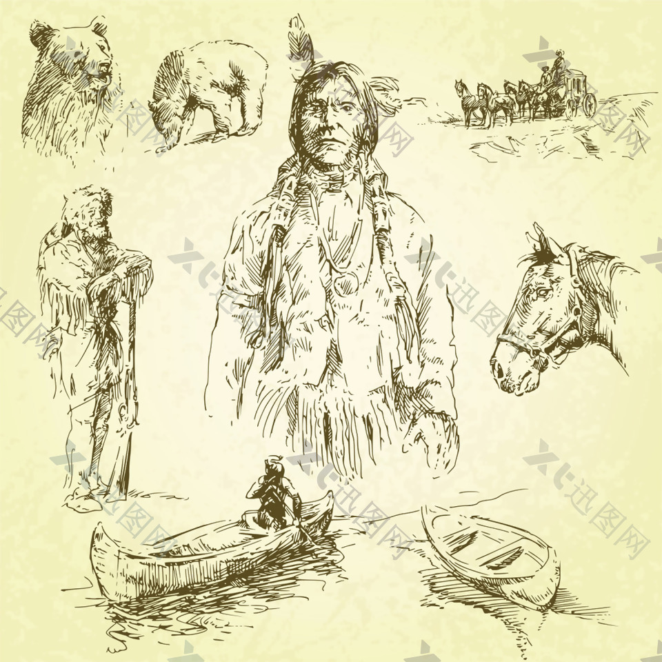 素描创意动物与土著人像素材