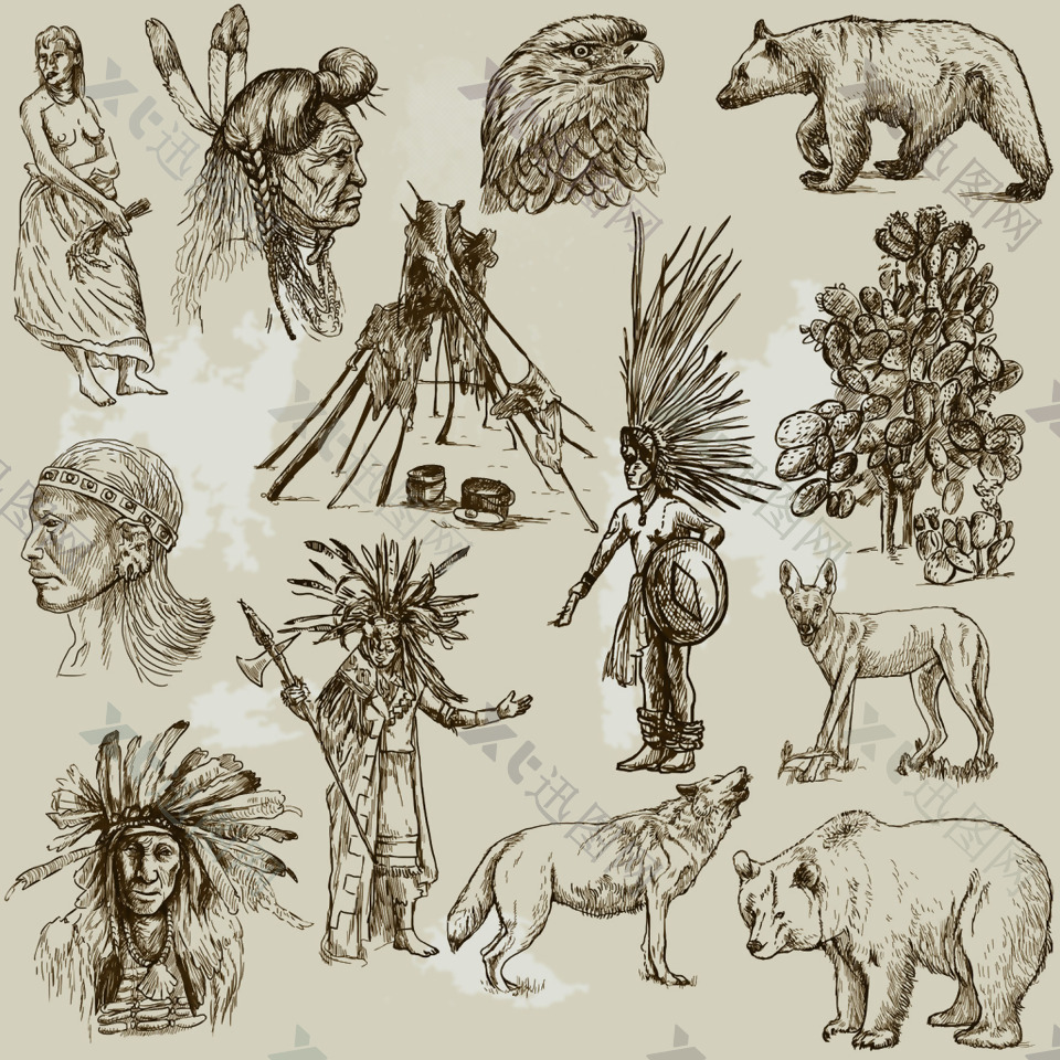 素描土著人像素材
