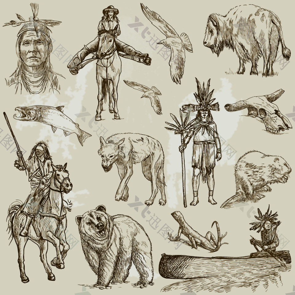 打猎土著人像铅笔画素描素材