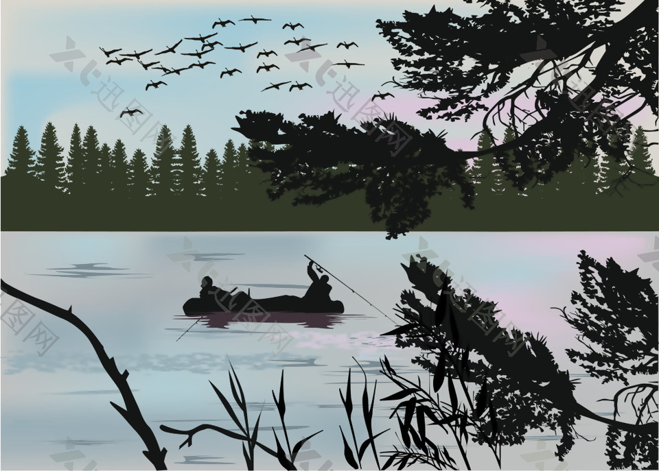 宁静的湖景插画