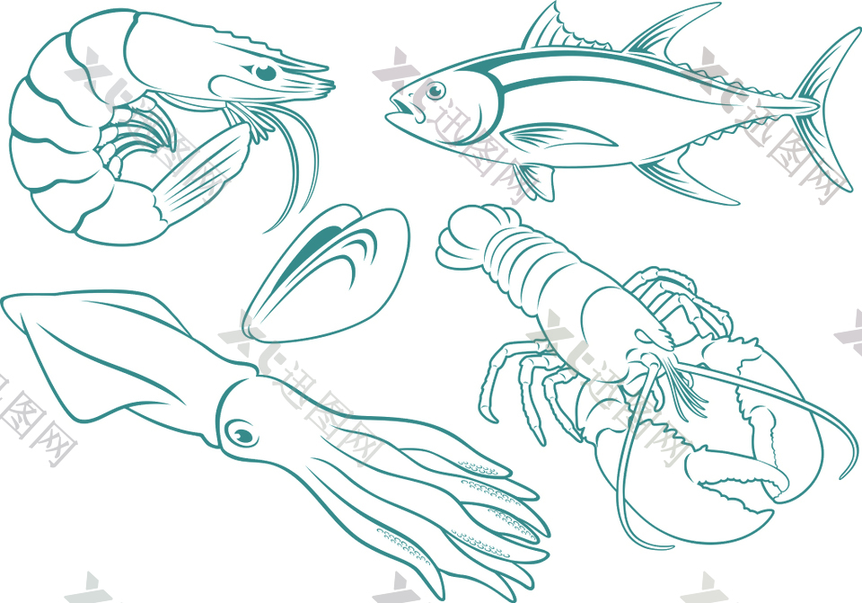 手绘线条各种海鲜食材插画